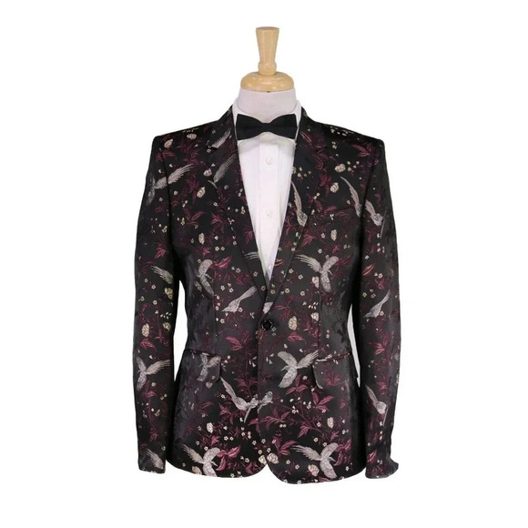 New! Garcons Infideles Paris Black Floral Birds Jacquard Dinner Jacket Blazer 42 - Picture 1 of 9